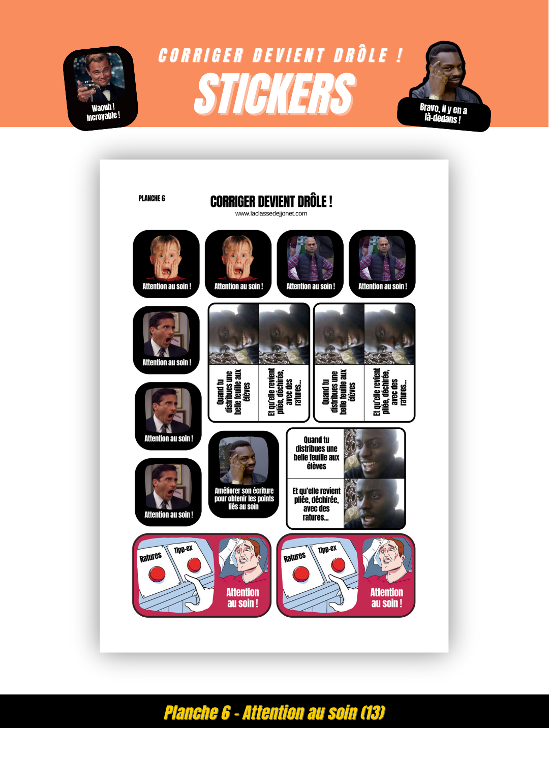 Stickers "corriger devient drôle" - Planche 6 : attention au soin